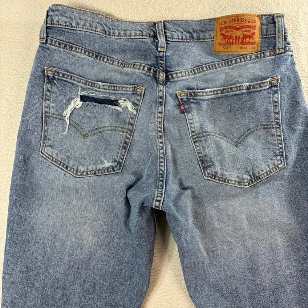 Levi 531 Athletic Slim Jeans Mens 36x34 Blue Distressed Stretch Streetwear Denim - Picture 4 of 7